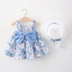 Factory Price summer Sleeveless kids Beach Children flower smocked frock toddles Cheap girls cotton casual dress with hat