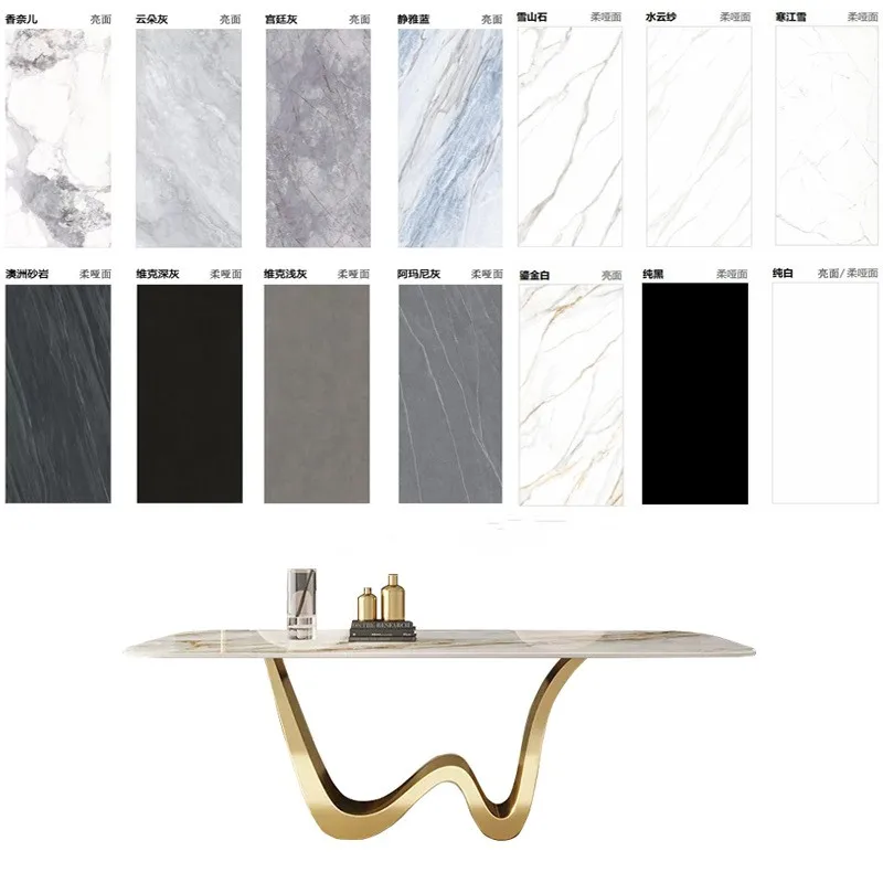 Luxury L Shape Dining Table Modern Home Villa Dinner Stone Plate Stainless Steel Feet Rectangular Set