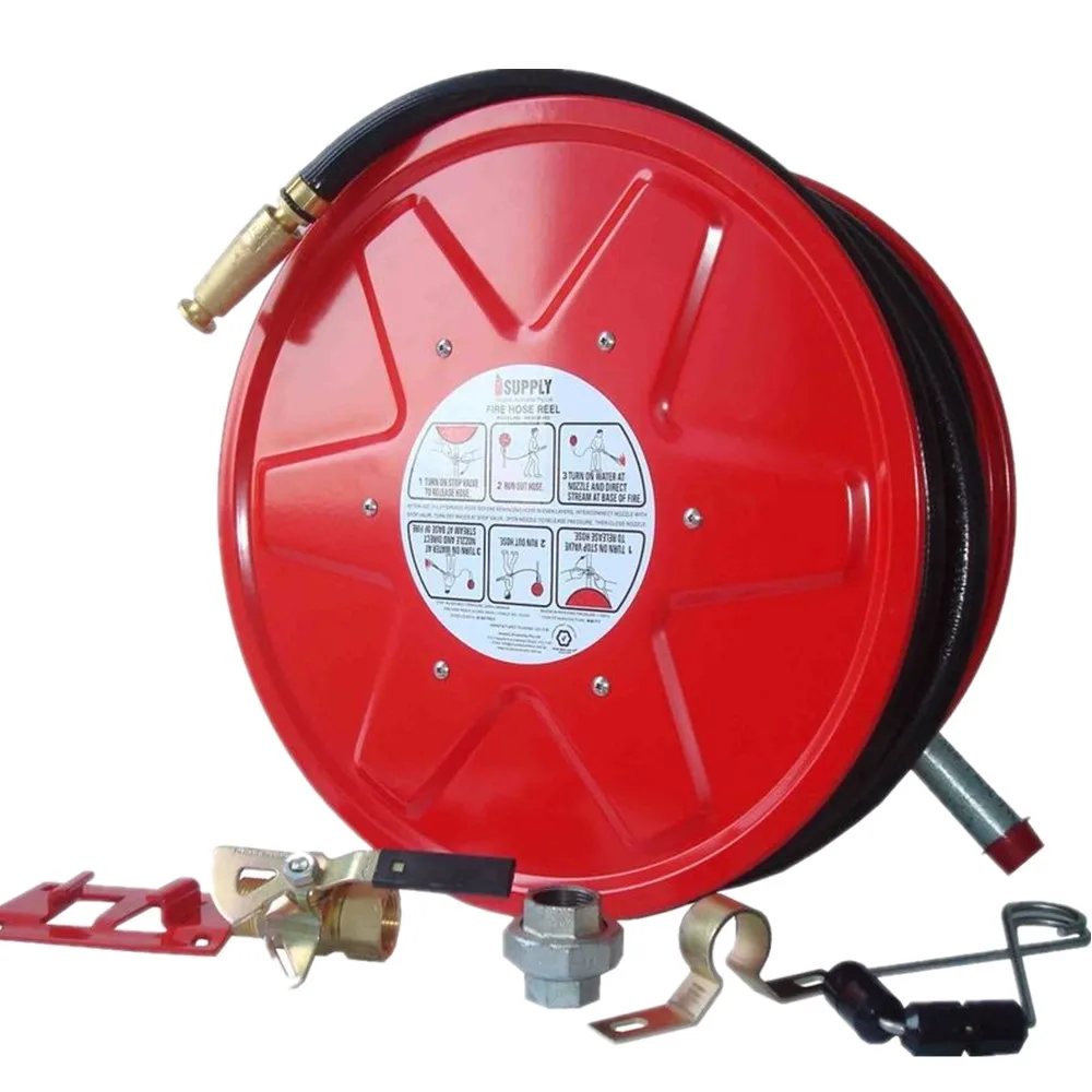 Red reel with a 30m 3/4 inch fire hose used for building fire protection