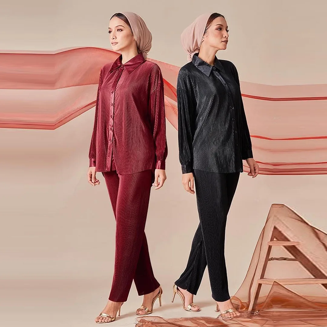 2022 Elegant Modest Pleated Lounge Pants Set Muslim Women Two Piece Top And Pant Set Kaftan 2pcs Abaya Set Kimono Outfit
