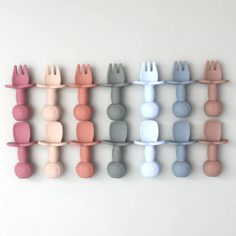 Wholesales Non-toxic  Food Grade Safety  Silicone  Baby Spoon and Fork Set for Kids