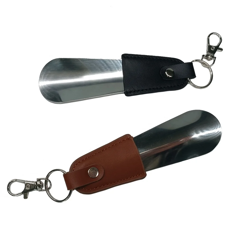 Leather handle shoe wearer short portable metal shoehorn shoe pump lazy old people stainless steel tool shoe horn - MH03LH