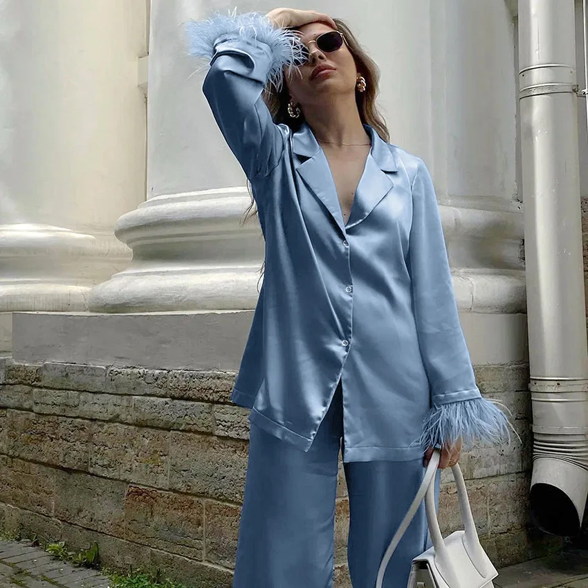 Autumn 2023 New arrivals Wholesales women pajamas with feather long sleeve satin loungewear set