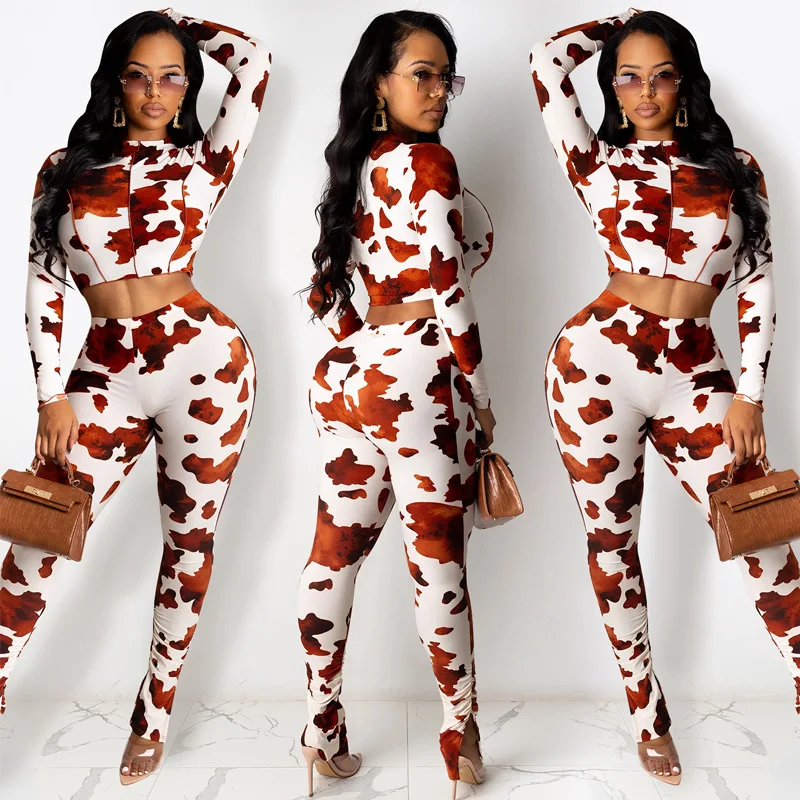 M154 Two piece set women clothing brown cow print spring clothings for women new arrivals 2021