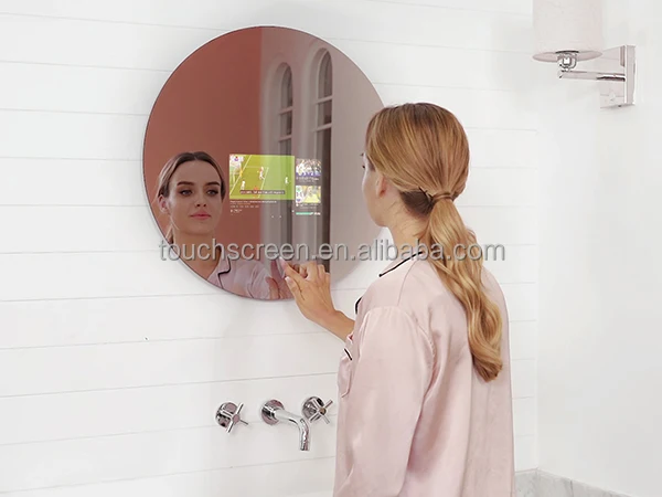 Smart bathroom mirror with Android OS WiFi connected for music video news health management and IoT smart home