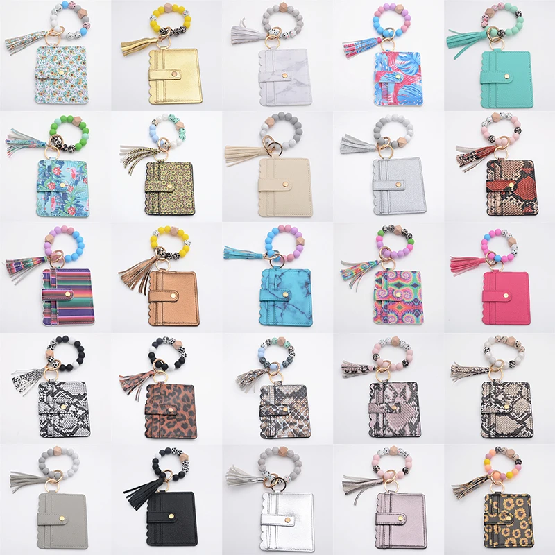 2021 Hot Sale  Silicone Wristlet Tassel Bracelet keychain Wallet Card Holder Personalized Enamel Disc Leather Round Keycha