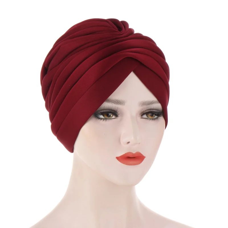 HZO-18131 Fashion Indian Pure Color Space Cotton Muslim Turban Bonnet Pleated Headscarf Hair Loss Hat for Women Girls