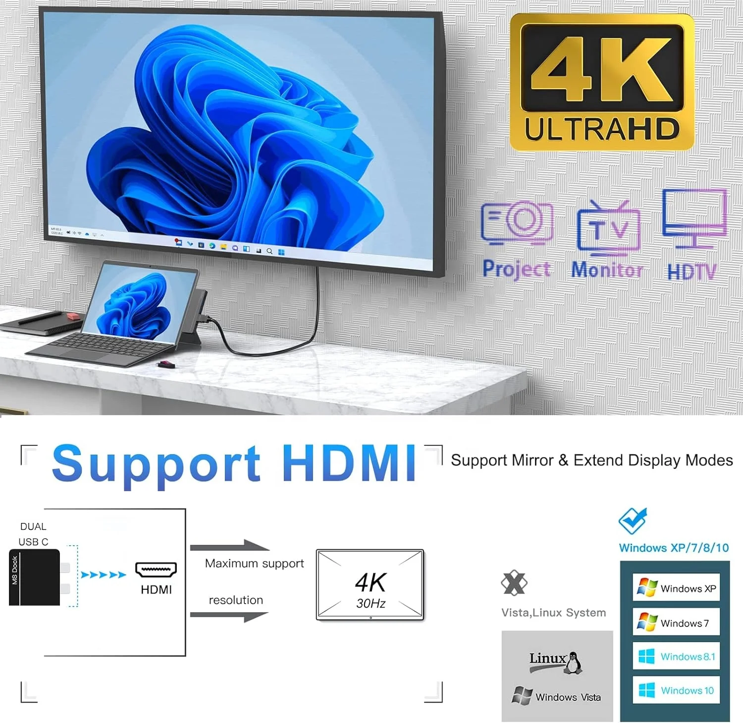 8 in 2 USB C Hub Docking Station with 4K HDMI,USB-C Thunderbolt 4 , USB C , 3.5MM ,USB 3.0,TF SD Card for Surface Pro 9 /Pro 8/X