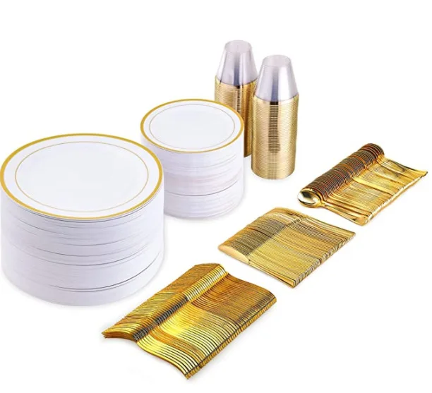 Gold Plate Cutlery Set Cup Plate Tableware Cheap Custom Decal Porcelain Plates Set Party Plastic Tableware Bone China 150 Plasti