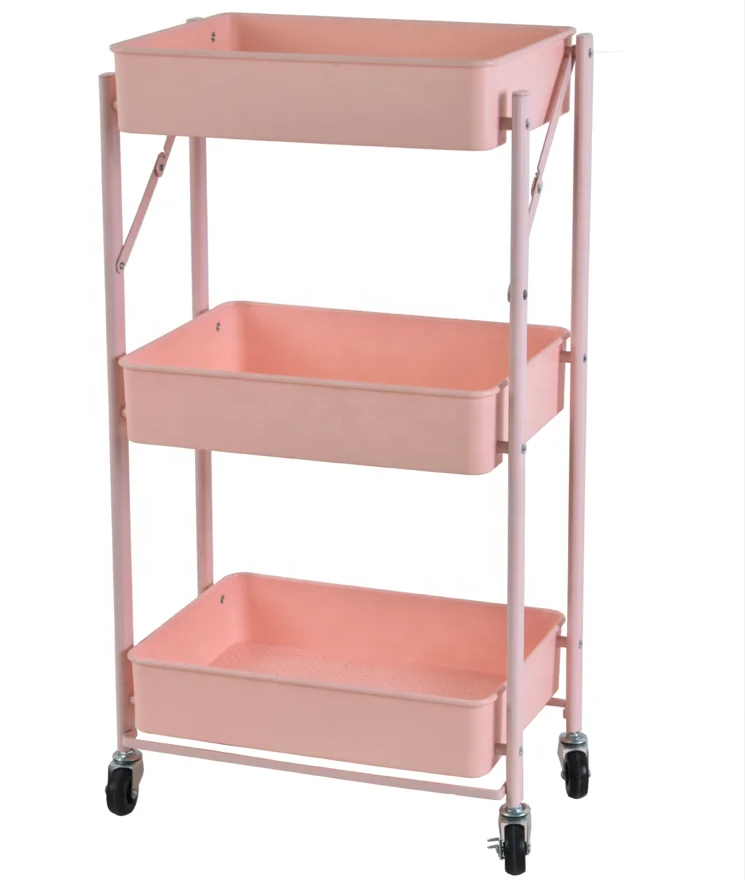 3 Tier Rolling Utility Kitchen Portable Folding Cart Shelves Multifunction Tool Trolley Service Cart With Mesh Basket Handles