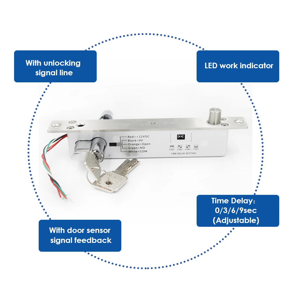 Electric Bolt Lock Access Control System Electric Mortise 5-wires Low Temperature/Time Delay Glass Door DC 12V NC
