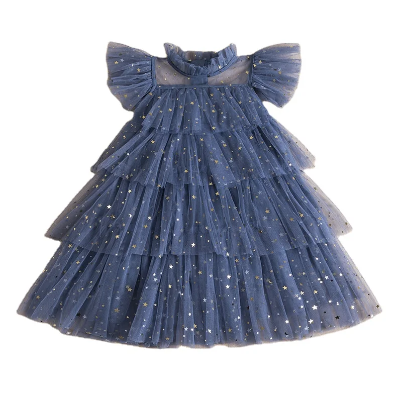 Ruffle Collar Princess Tiered Tulle Dress Glitter Star Sequin A Line Children Party Dress
