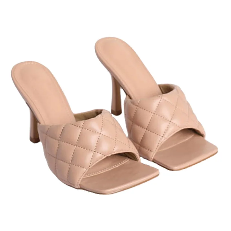 ANMAI 2021 Designer Sandals Women Famous Brands Candy Color Fashion Check Summer Heels Square Toe High Heel Shoes