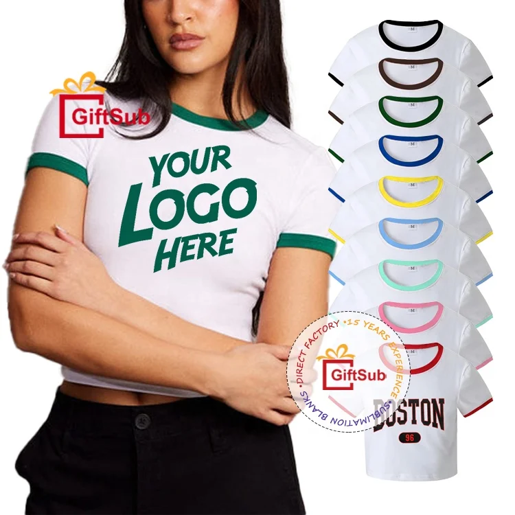 Custom Y2k Graphic Printed Slim Fit Sublimation Cropped T shirts Streetwear Plain Baby Tee Ringer Crop Top T shirt for Women