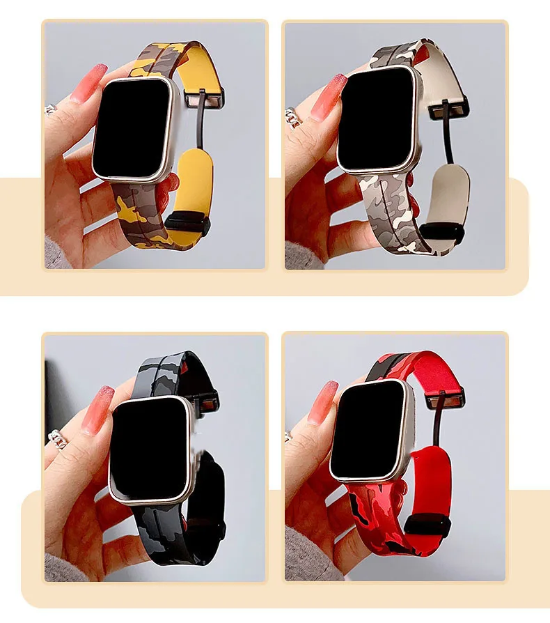 Лидер продаж камуфляжный силиконовый браслет для смарт-часов iWatch Ultra SE 10 9 8 7 6 с магнитной складной пряжкой