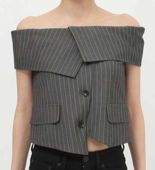 Summer Quick Dry Button Blazer Woven Striped Strapless Fashion Short Sleeve Suit For Female