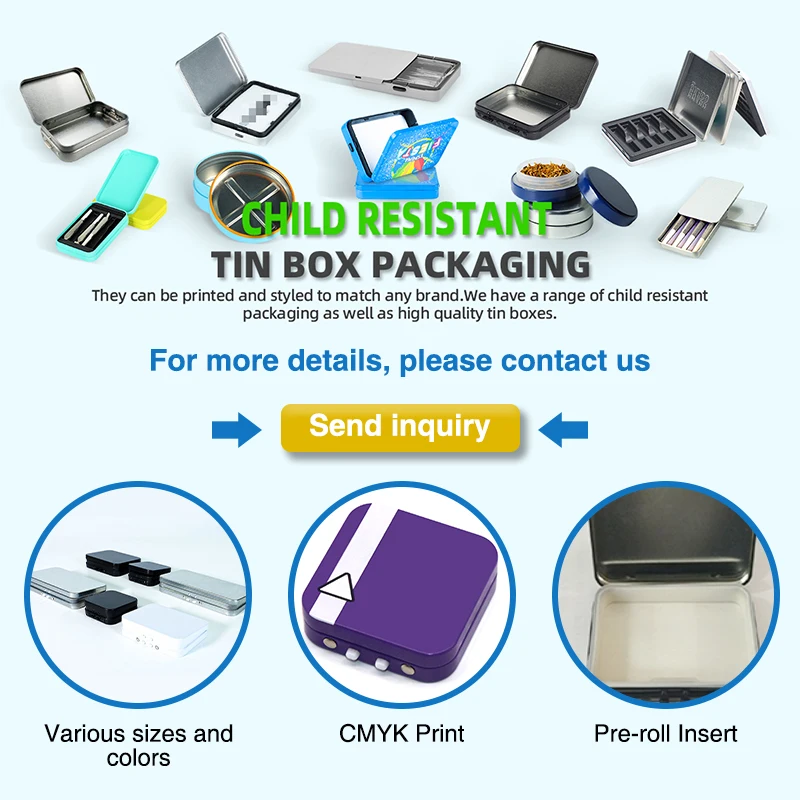 YEM Stock Hinged Rectangular Child Proof Tin Can Recyclable Metal Box and Insert for Cigarette Joints Blunt Packaging