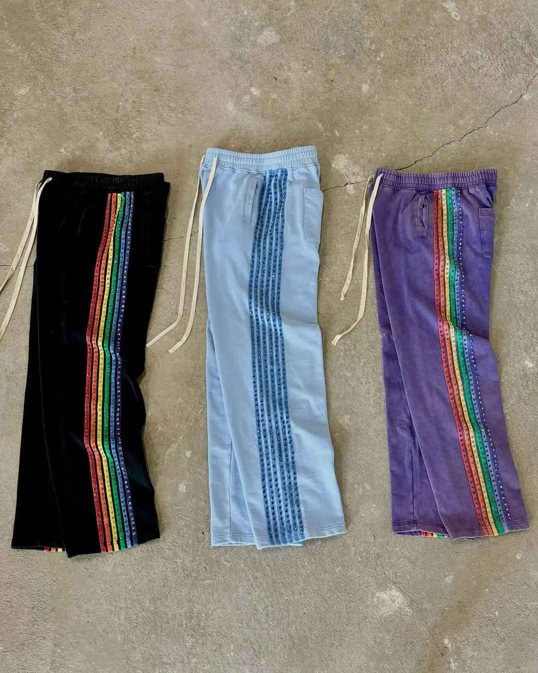 custom oversized vintage terry cotton sweat pants Drawstring wide leg sun faded acid wash rhinestones sweatpants of men