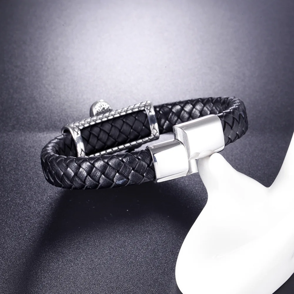 Stainless Steel Skull Bracelets Charm Braided Leather Handmade Woven Men Jewelry Beads Macrame Bracelet Men