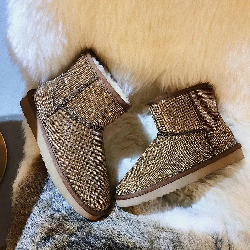 Handmade Crystal Warm Winter Boots Women Furry Snow Boots Bling Rhinestone Ankle Boots