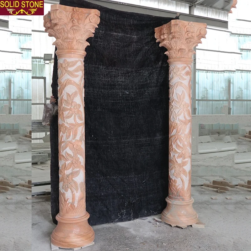 Custom Decorative Round Pillar Outdoor sunset red Marble Roman Columns