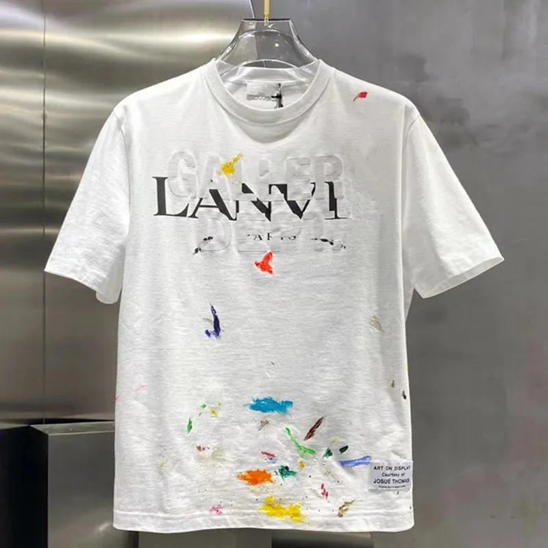 Summer Loose Casual T-shirt Men  Women High Street Pure Cotton Short-sleeved Kanye West Oversized Ink-splashing Print Top