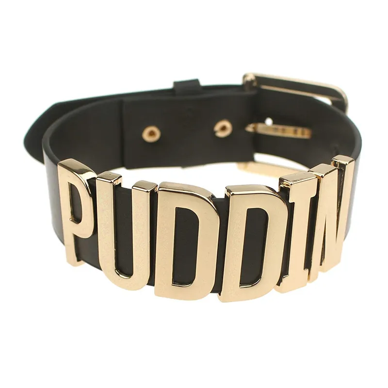 Модный черный ремень с высокой шеей золотистый чокер надписью Puddin ожерелье воротник для Harley женщин