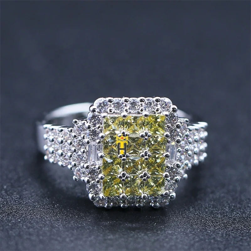 Lab diamond citrine cz ring silver gold plated square shaped zircon ring custom crystal iced out hip hop ring