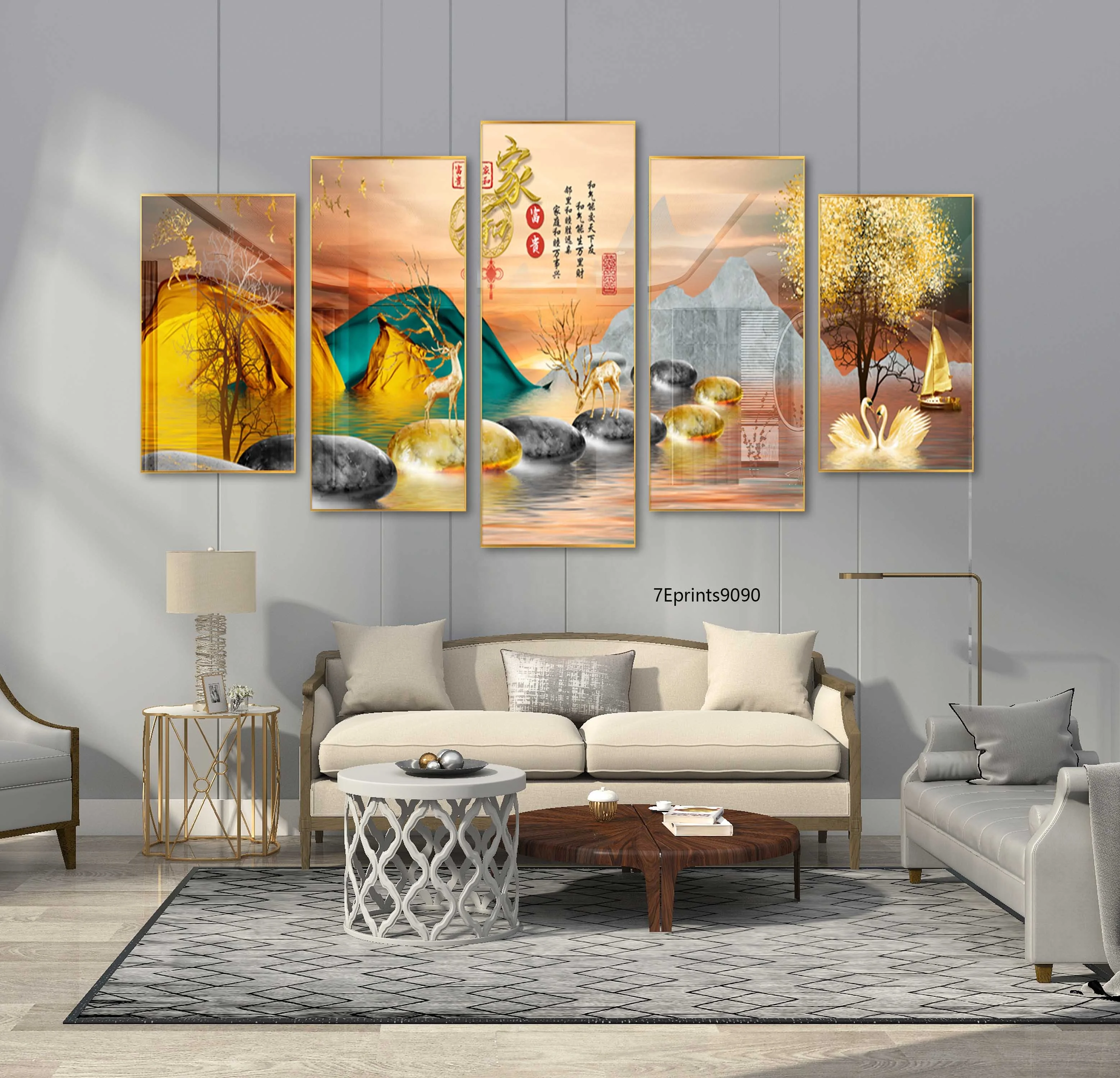 Popular High Quality 5 Panel Crystal Porcelain Painting Hd Printed Asian style Decorative For Living Room And Office Decor