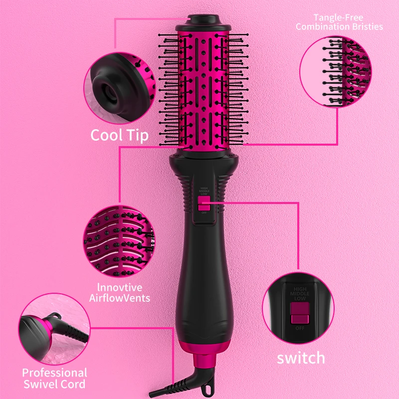 Single/Dual Votage Factory Price 3-in-1 Professional Round One Step Electric Hair Rotating Portable Blow Salon Dryer Comb Brush