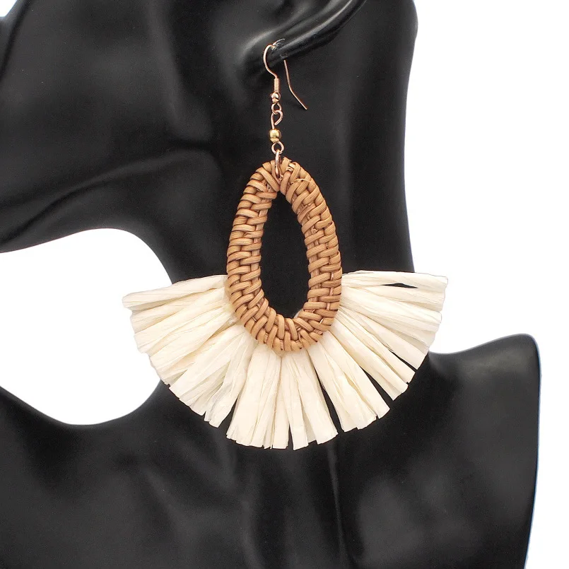 New Korea Bamboo Wooden Straw Weave Rattan Knit Vine Geometric Circle Triangle Long Drop Earrings For Women Girl Beach Jewelry