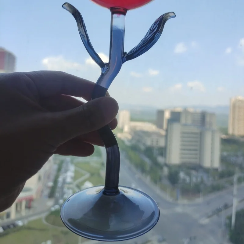 Elegant Creative red color Flower Shaped Glass Unique Rose Red Wine Glasses Goblet with gray stem and leaf  For Couples Lovers