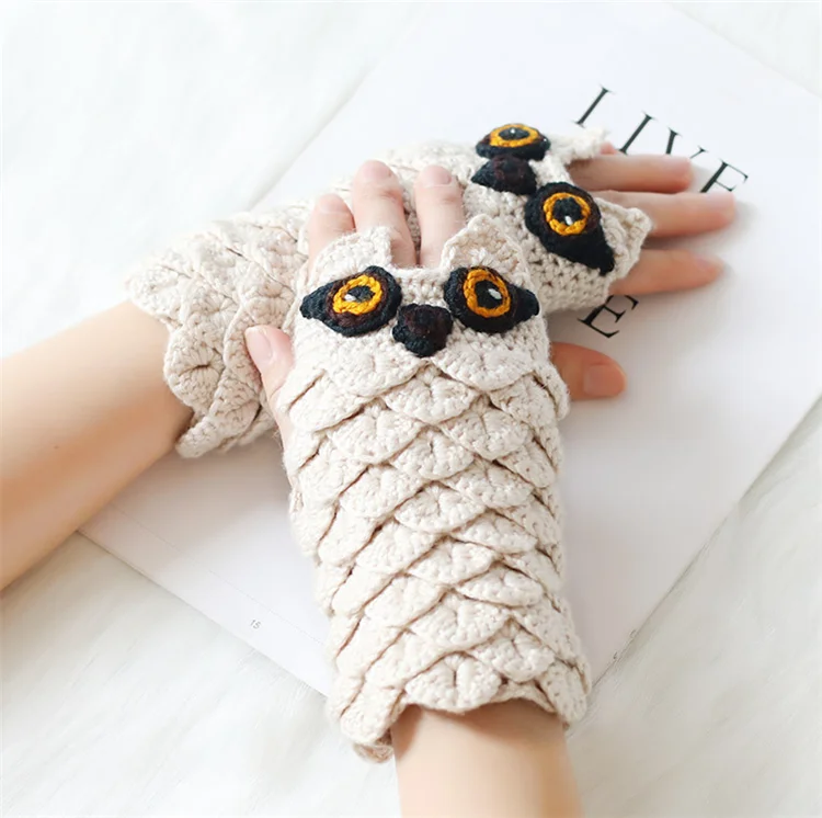 fashion 2019 cute kids animal owl knit patterns half finger mittens arm warmers crochet handmade fingerless gloves for girls