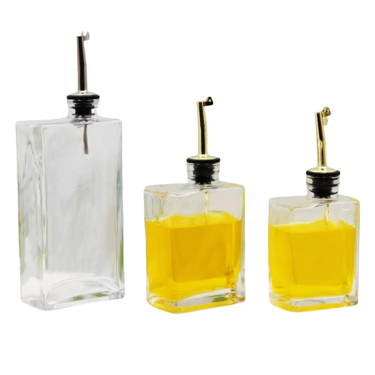 Rectangle Glass Olive Oil and Vinegar Dispenser Soy Sauce Cruet Coffee Syrup Bottles with Gold Metal Pour Spout