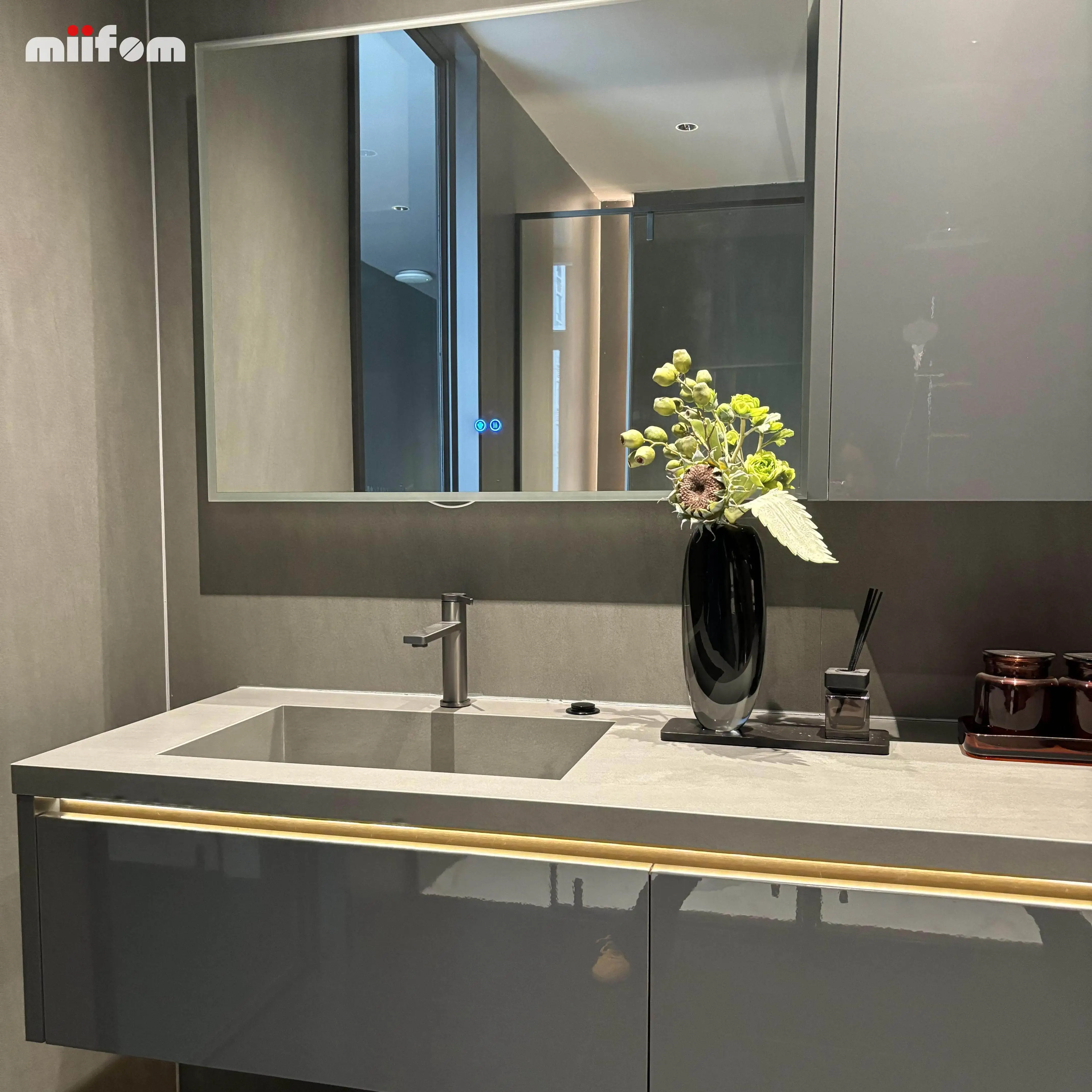 grey high glossy lacquer countertop and basin integrated one type bathroom cabinet with smart mirror