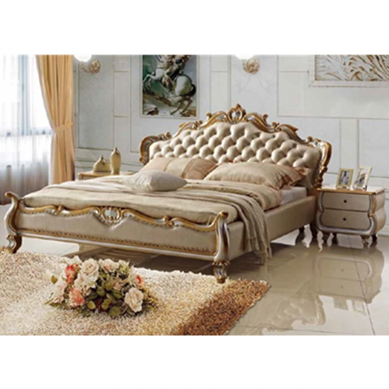 Dubai Style Royal Classic Genuine Leather Manual Carved Bedhead Bedroom Furniture Wood Beds
