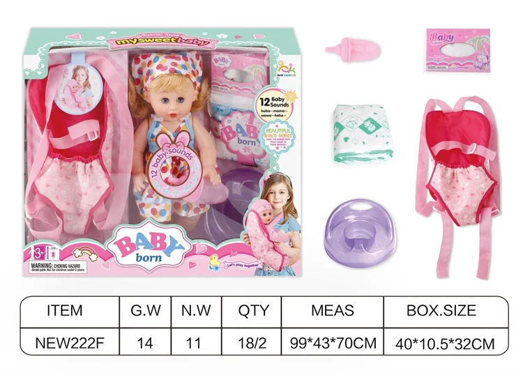 Popular Hot Sale 13 Inch English 12 Sound Ic Water Baby Dolls Toys With Urine Basin Diaper Absorbent Bottle Tissue Box Backpack