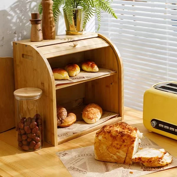 Plastic Panels Food Storage Box for Kitchen Bamboo Double Layers Large Bread Boxes, Bread Box for Countertop