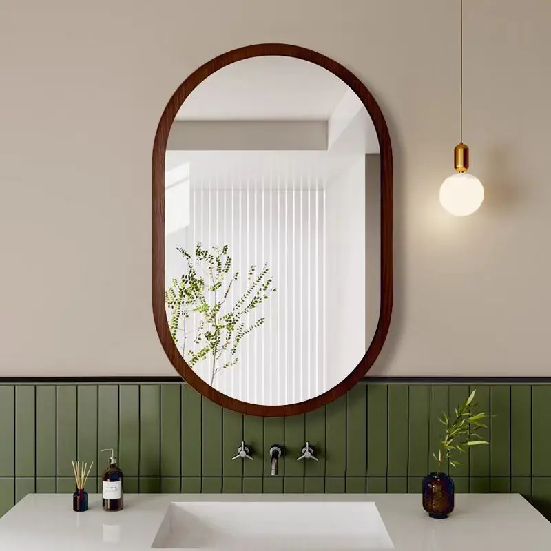 Wholesale Retro Style Wood-Like Makeup Mirror Entryway Hallway Living Room Wall Mounted China Bathroom Decorative Mirror