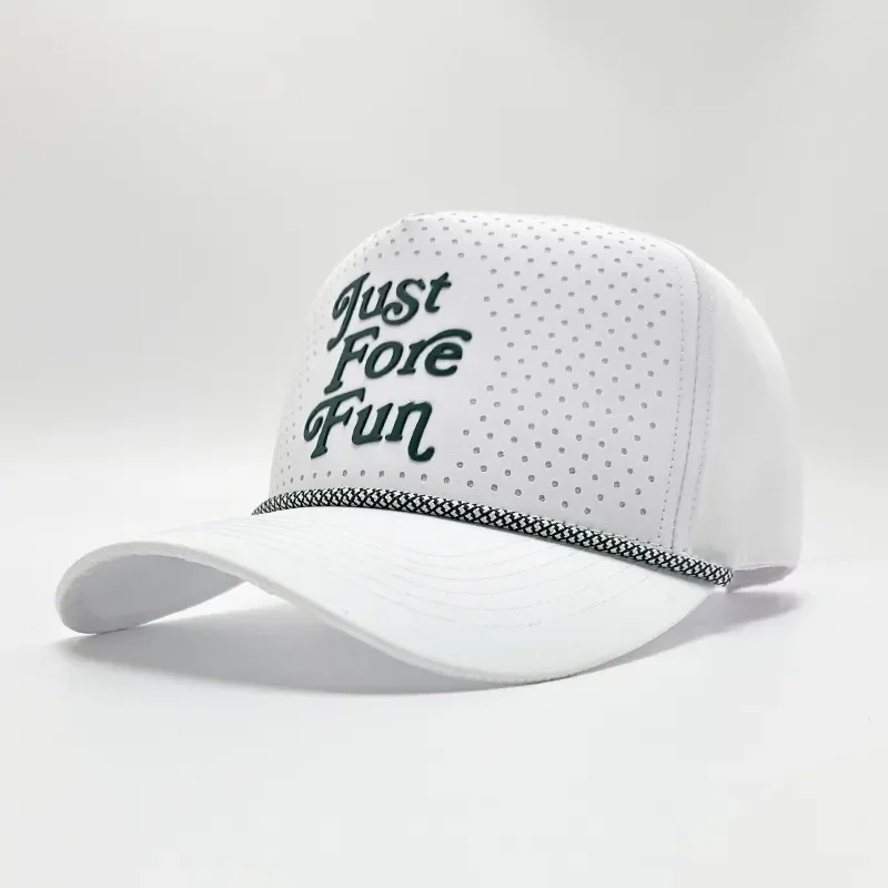 Custom Rubber Pvc Logo 5 Panel Waterproof Laser Cut Performance Golf Hats Quick Dry Sports Baseball Cap Perforated Golf Hat