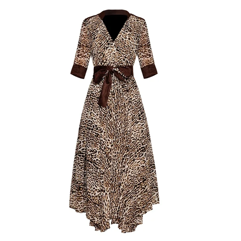 
Female 2021 Summer V Neck Half Sleeves Leopard Print Lace Up Waist Irregular Swing Mid Length Dress 
