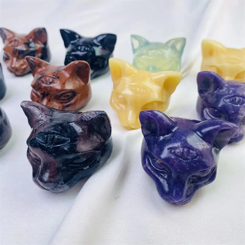 Hot sale high quality natural egyptian crystal cat healing crystal three-eyed cat carving for Halloween decoration