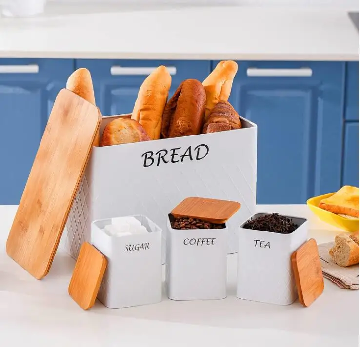 Large Bread Box with Bamboo Cutting Board Lid Sugar Tea and Coffee Storage Set of 3 Canisters Bread Bin Storage Container