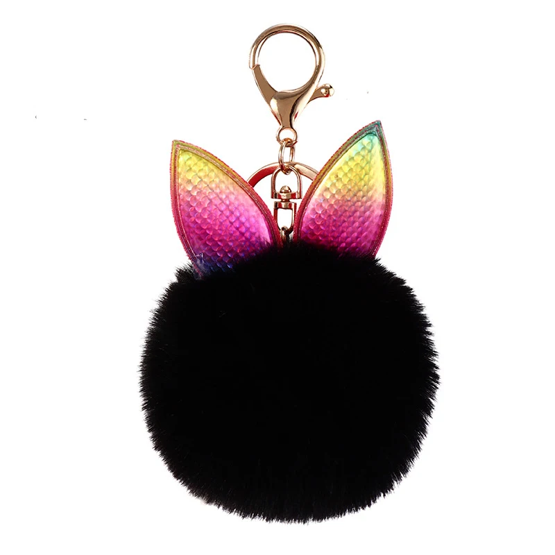 Fancy Fluffy Faux Fur Pompom Rabbit Ear Key Chain Faux Rabbit Fur Keychain
