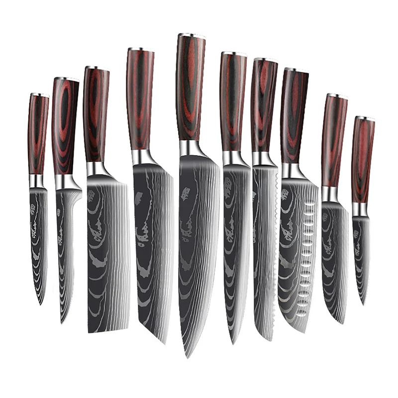 8pcs Kitchen Chef Knives Set 8 inch Japanese 7CR17 440C High Carbon Stainless Steel Damascus Laser Pattern Slicing Santoku Tool