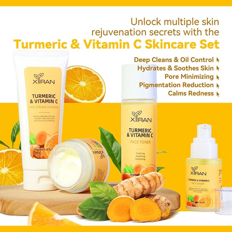 Custom Whitening Skin Care Set Private Label Organic Vitamin C & Turmeric Skin Care Set Turmeric Scrub Face Wash For Oil Control