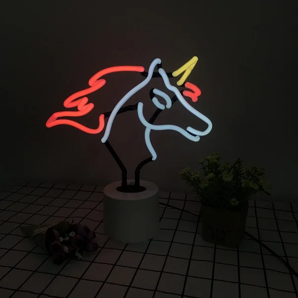 Hot sale 12V DC china glass logo black base neon light sign custom unicorn neon sculpture glass neon desk lamp