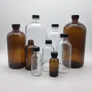 Simple Clear Amber Blue Glass Bottle For Syrup Screw Finish Wide Mouth Boston Round GPI Standard Finish Buston Bottle Glass 16oz