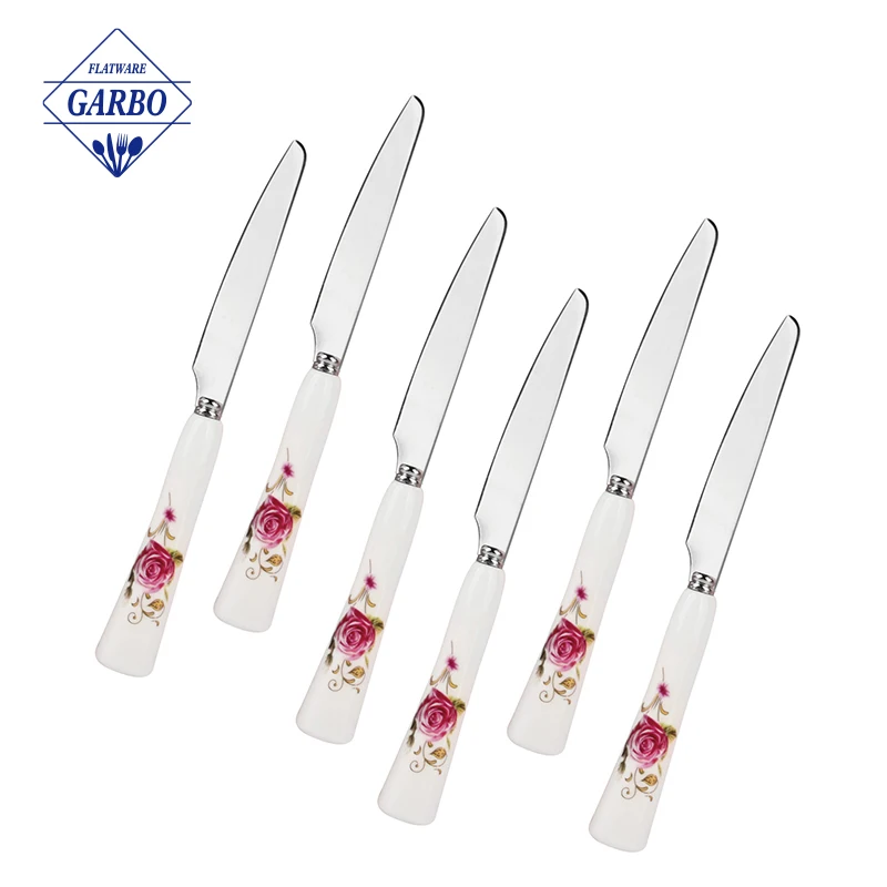 Wholesale Custom Stainless Steel Gold/Copper/Black Plated Small Fruit Cake Salad Dessert Fork with ceramic printing handles