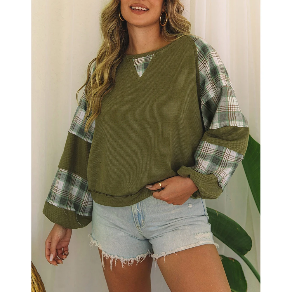 Women Autumn Blouse Long Seleeved Top Plaid Patch Waffle Knit Exposed Seam Bubble Sleeve Tops